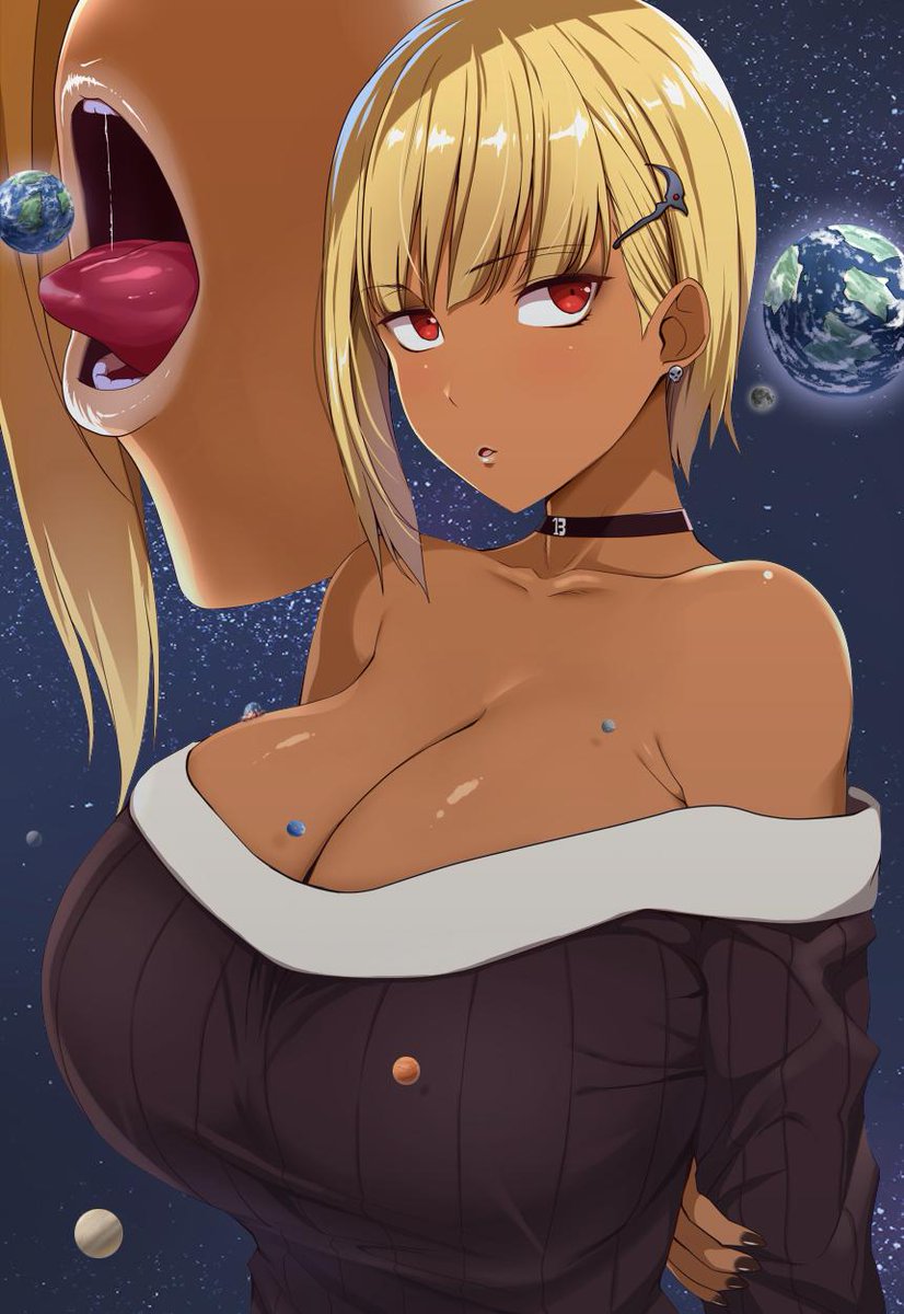 A cosmic-scale Gyaru wearing a black off-shoulder sweater and choker looks at the Earth, about the size of a gumball relative to her.  She moves in to swallow it.